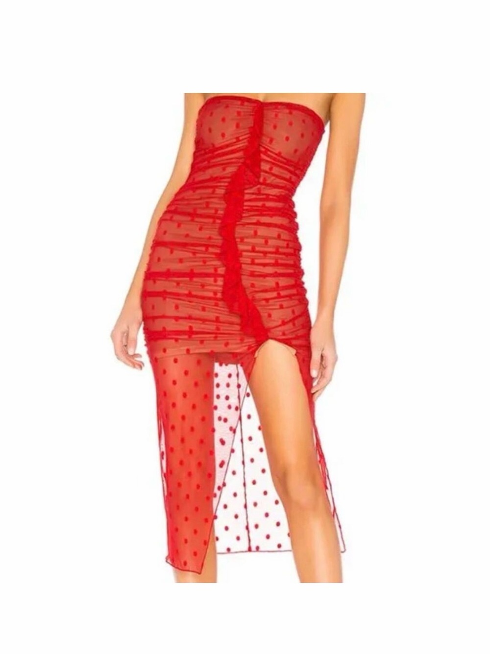 MAJORELLE Strapless Red Polka Dot Mesh Midi Dress